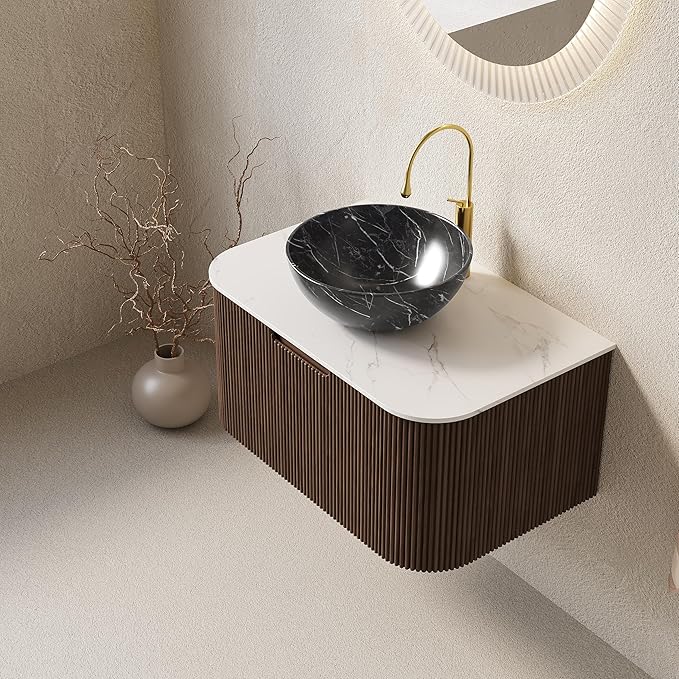 Yayzy 30" Floating Bathroom Vanity with Sink, Solid Wood Fluted Cabinet, White Marble-Patterned Ceramic Basin & Faux Marble Top, Soft-Close Drawer, Pre-Assembled, Walnut Woodgrain