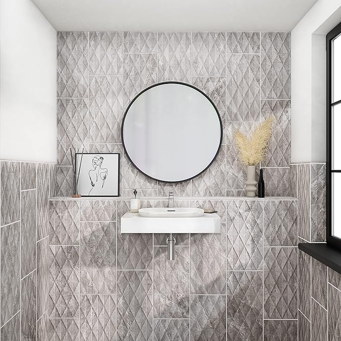 Daltile Perpetuo 12" x 24" Marble Look Ceramic Multi-Geometric Wall Tile in Satin Eternal Grey for Kitchen Backsplashes, Living Room or Bathroom Walls | (8 PC Per Carton) (15.52 SQFT Per Carton)