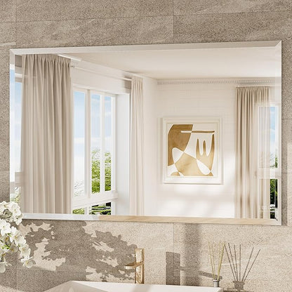 TokeShimi 48x30 Frameless Bathroom Mirror Rectangle, Tempered Beveled Mirror for Bathroom Vanity with 1" Beveled Edge, Shatterproof Modern Wall Mirrored for Living Room, Entryway, Restroom