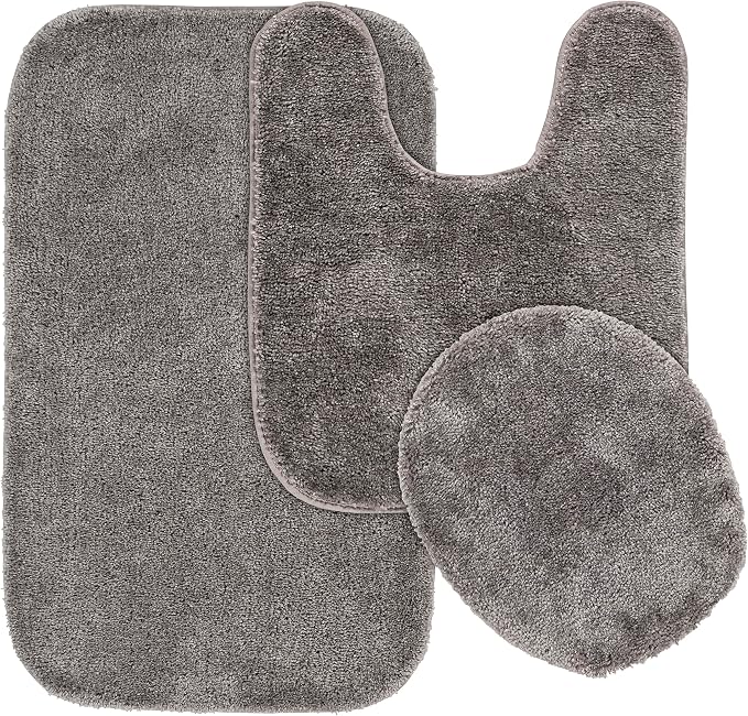 Garland Rug Traditional Nylon Washable Medium Gray 3 Piece Set - Lid, Contour, Bath Rug - Soft, Absorbent, and Stylish for Your Bathroom