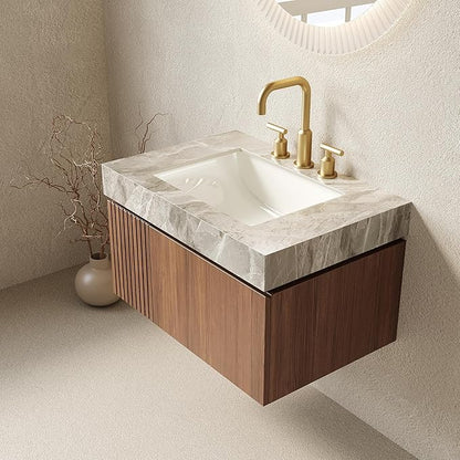 30” Floating Bathroom Vanity with Sink, Wall-Mounted Cabinet with Drawer & Doors, Gray Travertine-Pattern Sintered Stone Top, Undermount Basin, 3 Faucet Hole, Soft-Close, Pre-Assembled, Brown Oak