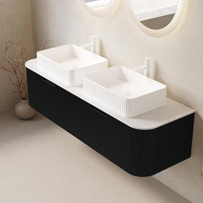 Yayzy 60" Floating Bathroom Vanity with Sink, Solid Wood Fluted Cabinet, White Fluted Square Ceramic Basin & Faux Marble Top, Soft-Close Drawer, Pre-Assembled, Gloss Black