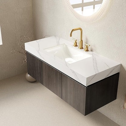 48" Floating Bathroom Vanity with Sink, Plywood Storage Vanities with Drawer and 2 Doors, Carrara White Sintered Stone Top and 3 Pre-drilled Faucet Holes Ceramic Basin, Pre-Assembled Cabinet, Espresso