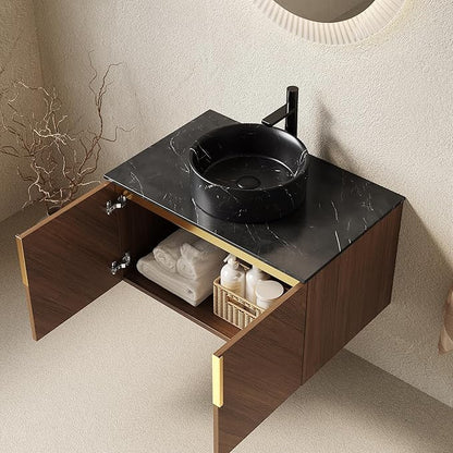 30" Floating Bathroom Vanity with Sink Combo, Modern Vanity with Vessel Sink, Wall-Mounted Bathroom Vanity Cabinet with Doors, Black Countertop and Black Round Ceramic Basin,Brown Oak
