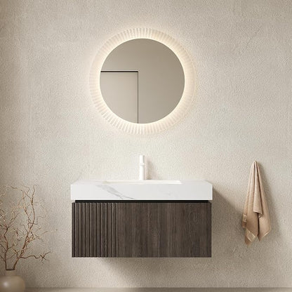 KEIKI 36 Inch Floating Bathroom Vanity with Sink, Espresso & White | Modern Wall Mounted Storage Cabinet w/ Drawer & Door, Pre-assembled Wood Panels, Sintered Stone Top & Ceramic Basin Combo Set