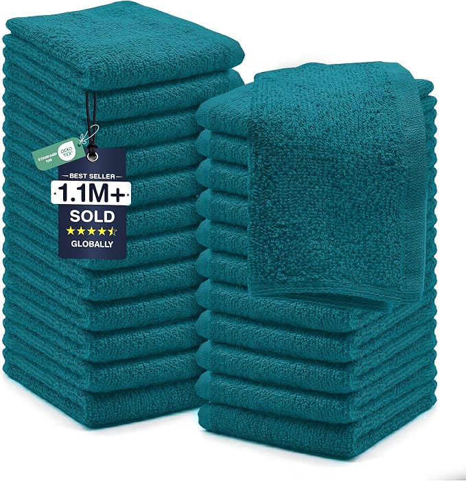 DAN RIVER 24 Pack Cotton Wash Cloths Set for Showering [12x12] Teal | Lighter Weight, Quick to Dry, Super Soft & Absorbent Face Towels, Hotel Quality, Perfect for Bathroom, Gym, Spa