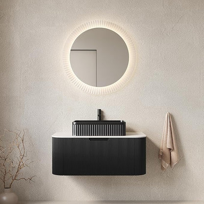 Yayzy 36" Floating Bathroom Vanity with Sink, Solid Wood Fluted Cabinet, Black Fluted Square Ceramic Basin & Faux Marble Top, Soft-Close Drawer, Pre-Assembled, Gloss Black