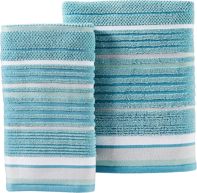 SKL Home Seabrook Stripe Bath Towel Set-4pc, Premium 100% Cotton, Teal | 550 GSM weight. Spa-level quality. Soft & absorbent with a textured jacquard pattern.