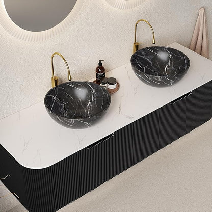 60'' Bathroom Vanities Cabinet with Sink, Wall Mounted Floating Cabinet W/Curved Edges Stripes, Oak Plywood, Soft-Close System with 2 Drawer & 2 Black Bowl Ceramic Basin - Kiel, Black/R