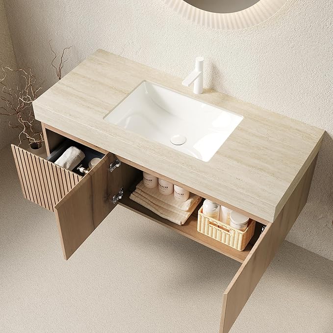 KEIKI 48 Inch Floating Bathroom Vanity with Sink, Modern Wall Mounted Storage Cabinet with Drawer, Pre-assembled Waterproof Wood Panels, Sintered Stone Top & Ceramic Basin Combo Set, White Oak & Beige