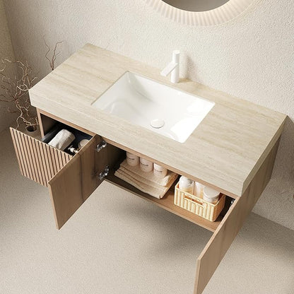 KEIKI 48 Inch Floating Bathroom Vanity with Sink, Modern Wall Mounted Storage Cabinet with Drawer, Pre-assembled Waterproof Wood Panels, Sintered Stone Top & Ceramic Basin Combo Set, White Oak & Beige