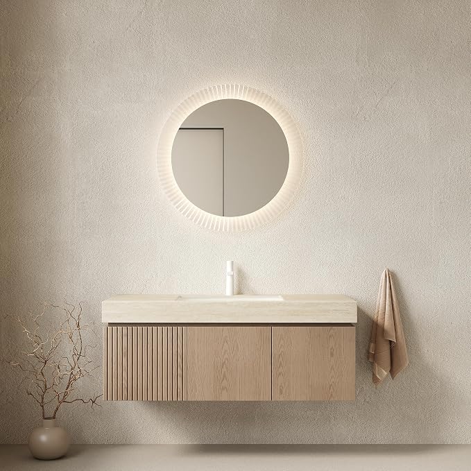 KEIKI 48 Inch Floating Bathroom Vanity with Sink, Light Brown & Beige | Modern Wall Mounted Storage Cabinet w/ Drawer & Door, Pre-assembled Wood Panels, Sintered Stone Top & Ceramic Basin Combo Set