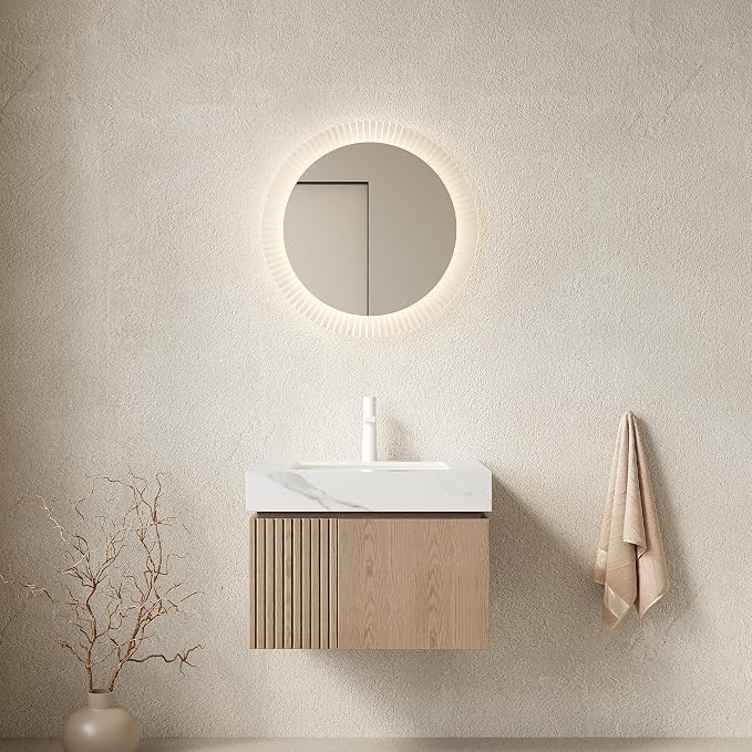 KEIKI 24 Inch Floating Bathroom Vanity with Sink, Light Brown & White | Modern Wall Mounted Storage Cabinet with 2 Doors, Pre-assembled Wood Panels, Sintered Stone Top & Ceramic Basin Combo Set