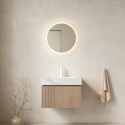 KEIKI 24 Inch Floating Bathroom Vanity with Sink, Light Brown & White | Modern Wall Mounted Storage Cabinet with 2 Doors, Pre-assembled Wood Panels, Sintered Stone Top & Ceramic Basin Combo Set