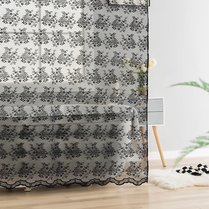 TUDECO Black Boho Lace Shower Curtain with Attached Valance, 72''W x 84''L | Whimsigoth, Extra Long, Dark Bathroom Curtain, Cool Victorian, Halloween Decor, Scalloped Edges, Reinforced Holes