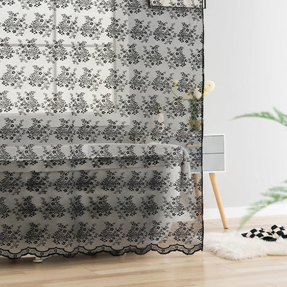 TUDECO Black Boho Lace Shower Curtain with Attached Valance, 72''W x 84''L | Whimsigoth, Extra Long, Dark Bathroom Curtain, Cool Victorian, Halloween Decor, Scalloped Edges, Reinforced Holes