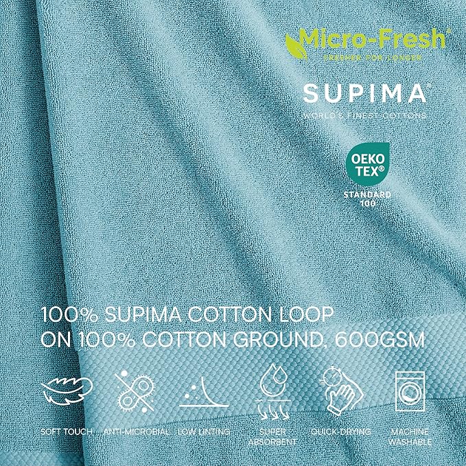 Lacoste Heritage Anti-Microbial Supima Cotton 6-Piece Towel Set, 2 Bath Towels, 2 Hand Towels, 2 Washcloths, Celestial Blue – Highly Absorbent & Quick Drying, Bathroom Essential, Machine Washable