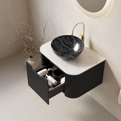 24'' Bathroom Vanities Cabinet with Sink Combo, Wall Mounted Floating Cabinet W/Curved Edges Stripes, Oak Plywood, Soft-Close System with a Drawer, Black Bowl Ceramic Basin - Kiel, Black/R