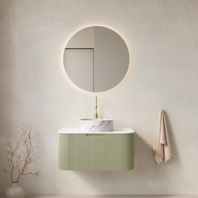 Yayzy 30" Floating Bathroom Vanity with Sink, Solid Wood Fluted Cabinet, White Marble-Patterned Ceramic Basin & Faux Marble Top, Soft-Close Drawer, Pre-Assembled, Light Green