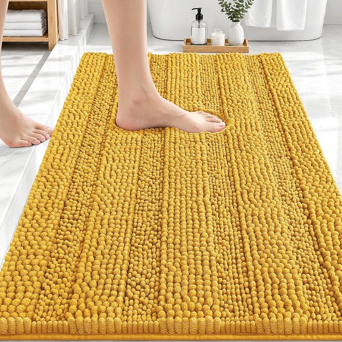 OLANLY Thick Bathroom Rugs 30x20, Chenille Striped Bath Rugs, Golden Yellow | Rubber Backing, Machine Wash, Extra Soft Absorbent Bath Mats for Bathroom Floor, Tub and Shower, Home Decor Accessories