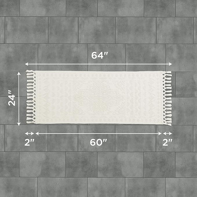 French Connection Nellore Bathroom Rugs, Woven and Beaded Bathroom Mats, Durable Bath Rugs, Thick Bath Mats for Bathroom and Shower Rugs, 24" x 64", Ivory