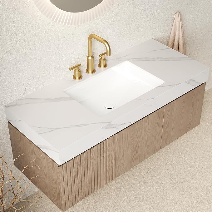 KEIKI 48 Inch Floating Bathroom Vanity with Sink, Light Brown & White | Modern Wall Mounted Storage Cabinet w/ Drawer & Door, Pre-assembled Wood Panels, Sintered Stone Top & Ceramic Basin Combo Set