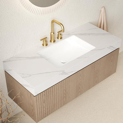 KEIKI 48 Inch Floating Bathroom Vanity with Sink, Light Brown & White | Modern Wall Mounted Storage Cabinet w/ Drawer & Door, Pre-assembled Wood Panels, Sintered Stone Top & Ceramic Basin Combo Set