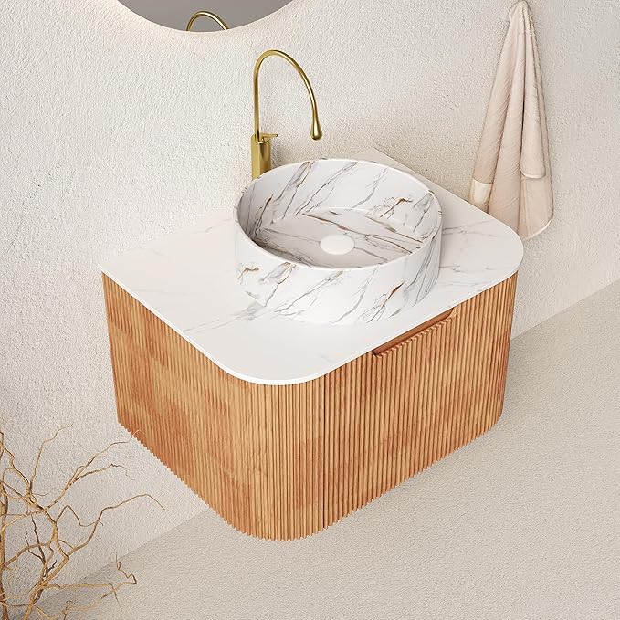 24'' Floating Vanity with Sink Combo, Modern Wall-Mounted Curved Edges Striped Bathroom Storage Cabinet with Soft-Close Drawer and White Stone Pattern Basin, Natural Walnut