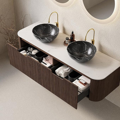 Yayzy 60" Floating Bathroom Vanity with Sink, Solid Wood Fluted Cabinet, White Marble-Patterned Ceramic Basin & Faux Marble Top, Soft-Close Drawer, Pre-Assembled, Walnut Woodgrain