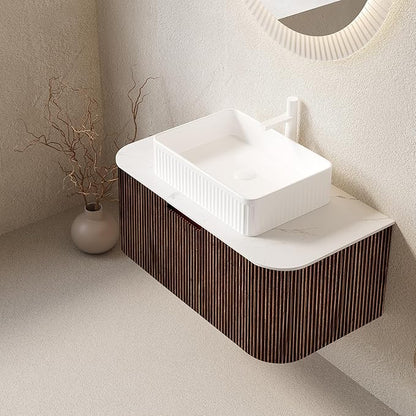 Yayzy 36" Floating Bathroom Vanity with Sink, Solid Wood Fluted Cabinet, White Fluted Square Ceramic Basin & Faux Marble Top, Soft-Close Drawer, Pre-Assembled, Walnut Woodgrain