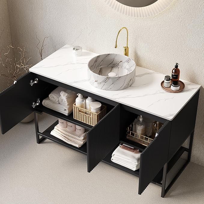 Ambrovina 48" Bathroom Vanity with Vessel Sink, Freestanding Bathroom Storage Cabinet with 3 Doors and Open Shelf, Round Marble Pattern Ceramic Basin and Carrara White Sintered Stone Countertop, Black