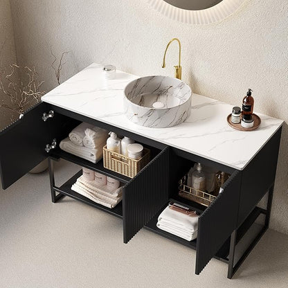 Ambrovina 48" Bathroom Vanity with Vessel Sink, Freestanding Bathroom Storage Cabinet with 3 Doors and Open Shelf, Round Marble Pattern Ceramic Basin and Carrara White Sintered Stone Countertop, Black