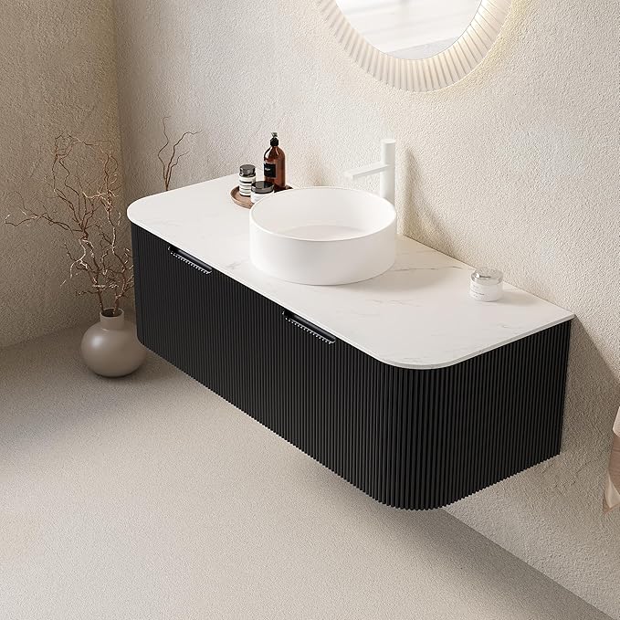 Yayzy 48" Floating Bathroom Vanity with Sink, Solid Wood Fluted Cabinet, White Round Ceramic Basin & Faux Marble Top, Soft-Close Drawer, Pre-Assembled, Gloss Black