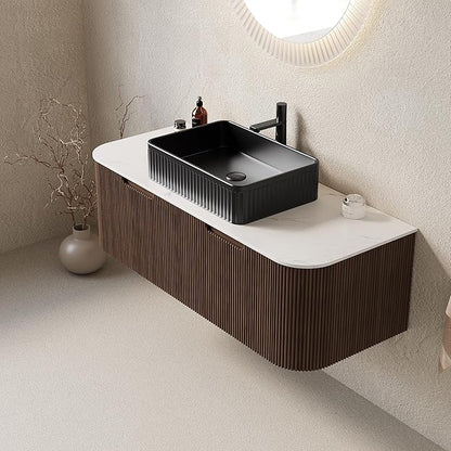 Yayzy 48" Floating Bathroom Vanity with Sink, Solid Wood Fluted Cabinet, Black Fluted Square Ceramic Basin & Faux Marble Top, Soft-Close Drawer, Pre-Assembled, Walnut Woodgrain