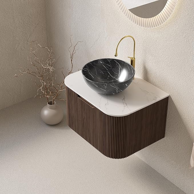 24'' Bathroom Vanities Cabinet with Sink Combo, Wall Mounted Floating Cabinet W/Curved Edges Stripes, Oak Plywood, Soft-Close System with a Drawer, Black Bowl Ceramic Basin - Kiel, Dark Walnut/R