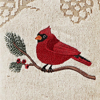 SKL Home Christmas/Winter Cardinal & Branch Hand Towel Set-2pc, Wheat | 100% Cotton. Soft & absorbent pinecone jacquard with embroidery. Great for the bathroom, kitchen or bar & holiday gifting.