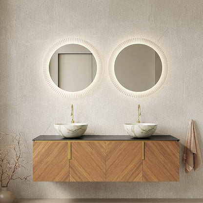 60" Double Sink Bathroom Vanity with Sink Combo, Floating Vanity with Vessel Sink, Wall-Mounted Plywood Bathroom Vanity Storage Cabinet with 4 Doors & 2 Bowl Basin, Brown Oak