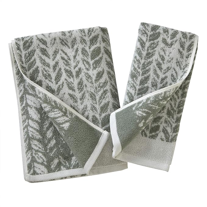 SKL Home Distressed Leaves Han Towel Set-2pc, 100% Turkish Cotton, Sage | 600 GSM weight. Spa-level quality. Soft & absorbent, reversible jacquard. For the bathroom, kitchen, bar or any sink space.