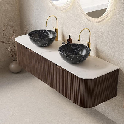 60'' Bathroom Vanities Cabinet with Sink, Wall Mounted Floating Cabinet W/Curved Edges Stripes, Oak Plywood, Soft-Close System with 2 Drawer & 2 Black Bowl Ceramic Basin - Kiel, Dark Walnut/R