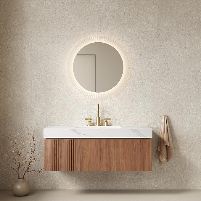 KEIKI 48 Inch Floating Bathroom Vanity with Sink, Brown Oak & White | Modern Wall Mounted Storage Cabinet w/ Drawer & Door, Pre-assembled Wood Panels, Sintered Stone Top & Ceramic Basin Combo Set