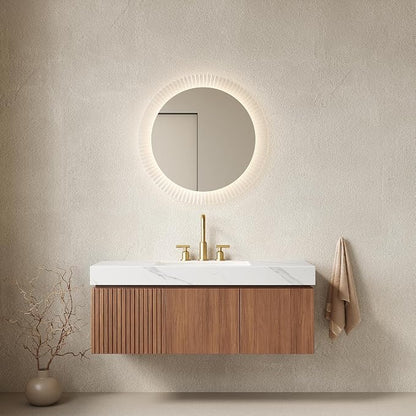 KEIKI 48 Inch Floating Bathroom Vanity with Sink, Brown Oak & White | Modern Wall Mounted Storage Cabinet w/ Drawer & Door, Pre-assembled Wood Panels, Sintered Stone Top & Ceramic Basin Combo Set