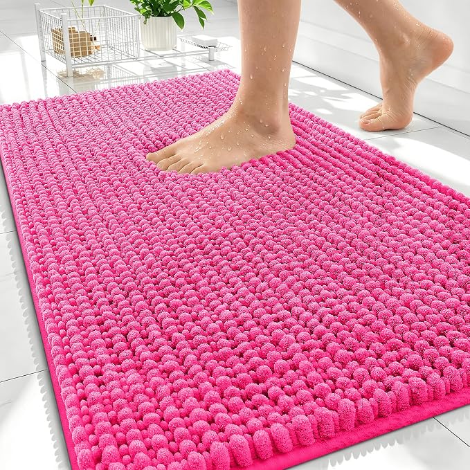 OLANLY Thick Chenille Absorbent Bathroom Rugs Mat 30x20, Hot Pink | Soft Bath Rugs, Rubber Backing, Machine Wash Dry, Bath Mats for Bathroom, Tub and Shower, Home Decor Accessories