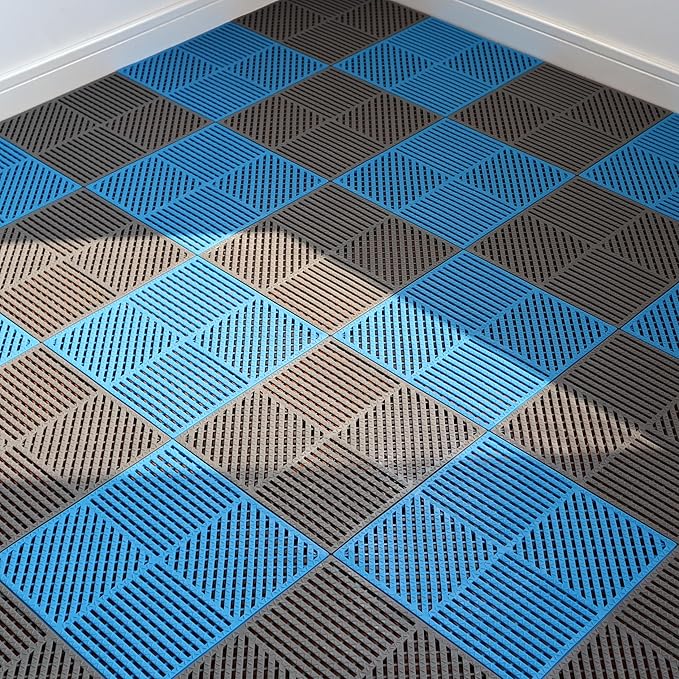 18 Pack Modular Interlocking Floor Mat Rubber Outdoor Tiles with Drainage Holes for Swimming Pool Bathroom Shower Sauna Room Garage Boat, 12" L×12" W×0.4" Th Gray