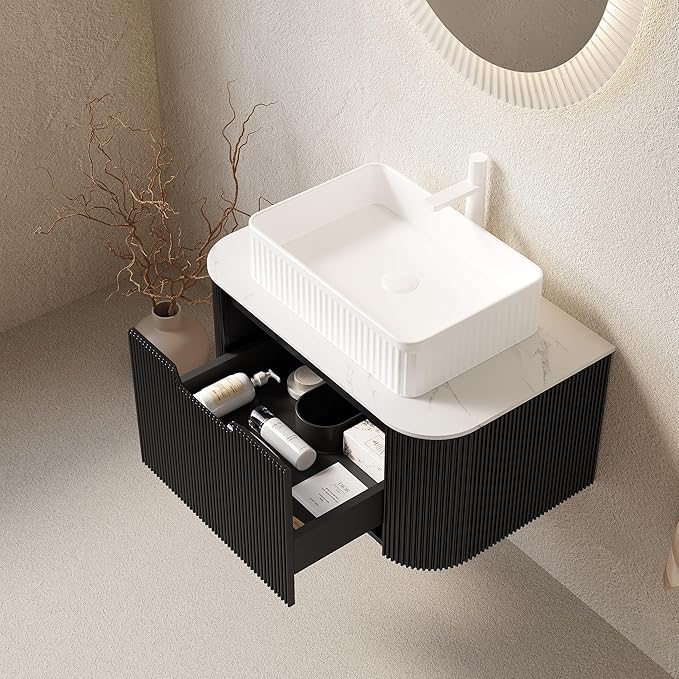 Yayzy 30" Floating Bathroom Vanity with Sink, Solid Wood Fluted Cabinet, White Fluted Square Ceramic Basin & Faux Marble Top, Soft-Close Drawer, Pre-Assembled, Gloss Black