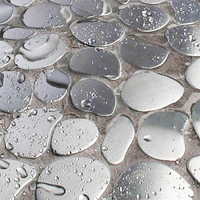 Metal Pebble Mosaic Tiles, 5 Sheets Stainless Steel Backsplash Tile Mesh Mounted, Silver Metal Tile for Kitchen Bath Backsplash Shower Floor