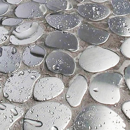 Metal Pebble Mosaic Tiles, 5 Sheets Stainless Steel Backsplash Tile Mesh Mounted, Silver Metal Tile for Kitchen Bath Backsplash Shower Floor