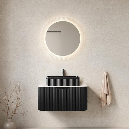 Yayzy 30" Floating Bathroom Vanity with Sink, Solid Wood Fluted Cabinet, Black Fluted Square Ceramic Basin & Faux Marble Top, Soft-Close Drawer, Pre-Assembled, Gloss Black