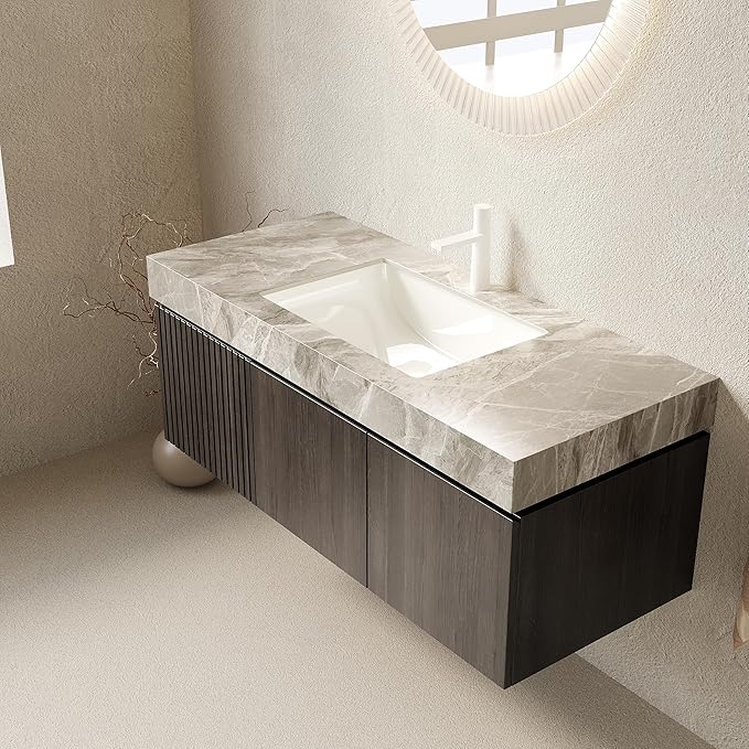 48 Inch Floating Bathroom Vanity with Sink Espresso, Wall-Mounted Bathroom Vanity with Drawer and Doors, Light Gray Sintered Stone Countertop and Ceramic Basin,Pre-Assembled,Espresso