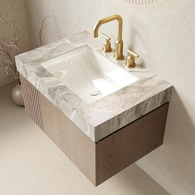 Ambrovina 30" Floating Bathroom Vanity with Sink, Modern Plywood Bathroom Storage Cabinet with Drawer and Door, Gray Sintered Stone Countertop and 3 Pre-drilled Faucet Holes Ceramic Basin, Light Brown