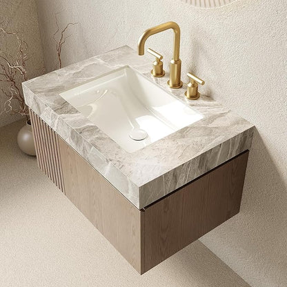Ambrovina 30" Floating Bathroom Vanity with Sink, Modern Plywood Bathroom Storage Cabinet with Drawer and Door, Gray Sintered Stone Countertop and 3 Pre-drilled Faucet Holes Ceramic Basin, Light Brown